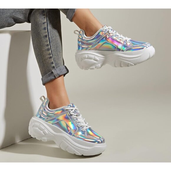 Lucky Step Women's Hologram Silver Platform Dad Casual Lace Up Walking Sneakers - Picture 2 of 9